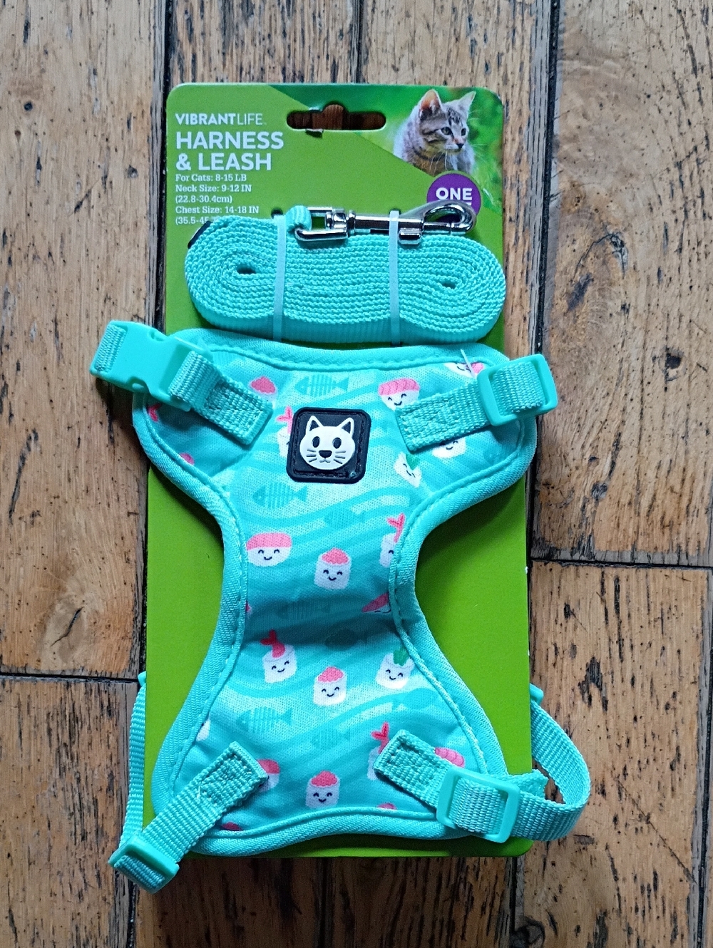 Vibrant Teal Cat Harness & Leash Set with Cute Sushi Pattern